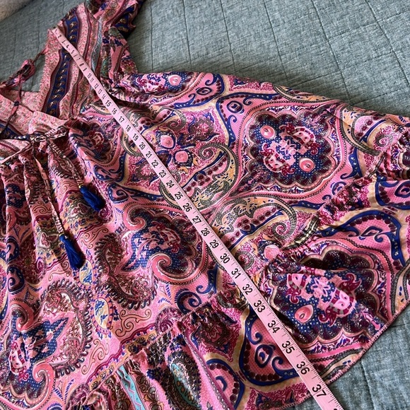 SILK Blend Bohemian Boho Tie Neck Pink Paisley Midi Dress - Picture 10 of 10